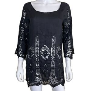 XCVI Womens Size XS Black Cotton Silk Crochet Embroiderd Tunic Pullover Top Boho